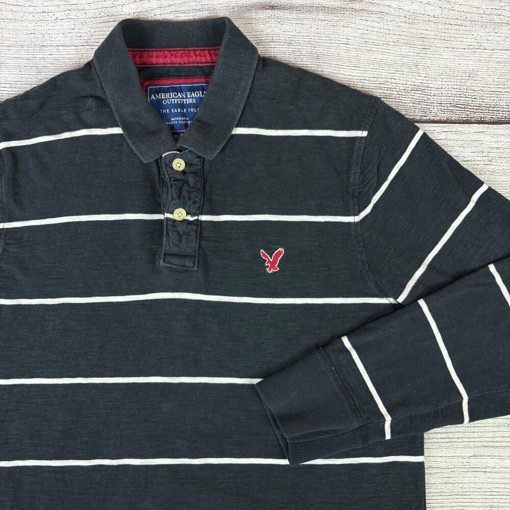 Y2k American Eagle "The Eagle Polo' Heavy Striped Long Sleeve Polo Shirt